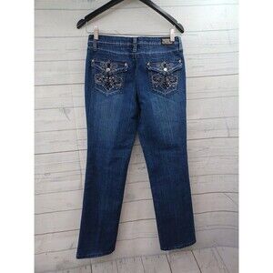 Earl Jeans Womens 4P Blue Denim Bootcut Crystal Fleur de Lis Y2K Rhinestone